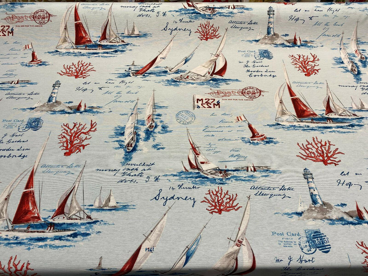 Lighthouse And Sail Boats Woven Novelty Upholstery Fabric By The Yard