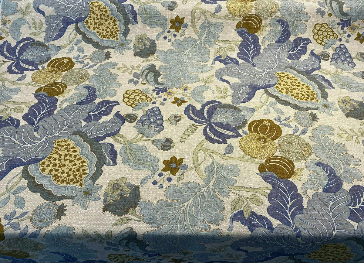 Isadore Blue Floral Cotton Linen Upholstery Fabric by the Yard