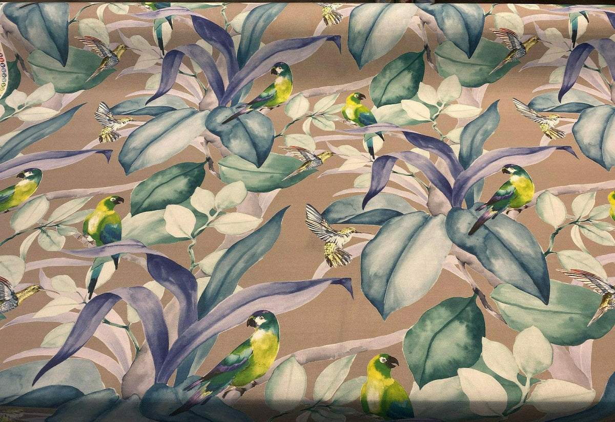 Green Birds Blue Floral Branches Drapery Upholstery Fabric by the yard