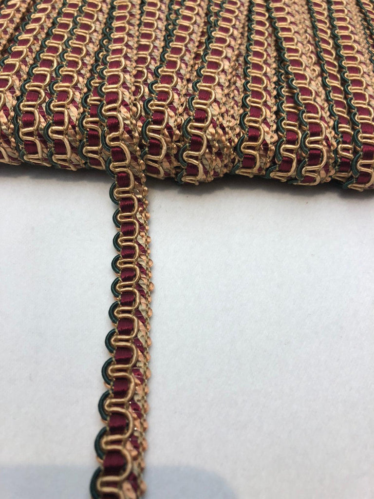 Maroon with Gold and Green Decorative Scroll Style Braid Gimp Trim