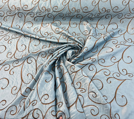 Swirls Chateau Blue Brown Embroidered Slub Faux Silk Fabric by the yard