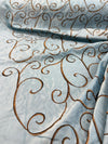 Swirls Chateau Blue Brown Embroidered Slub Faux Silk Fabric by the yard