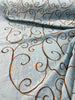 Swirls Chateau Blue Brown Embroidered Slub Faux Silk Fabric by the yard