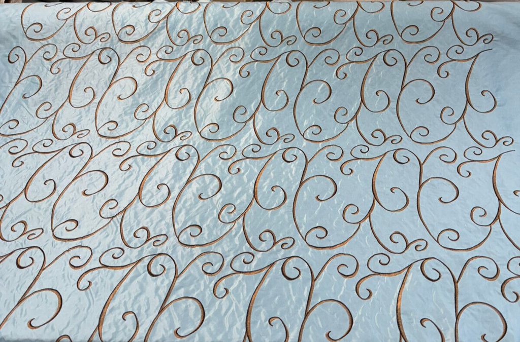 Swirls Chateau Blue Brown Embroidered Slub Faux Silk Fabric by the yard