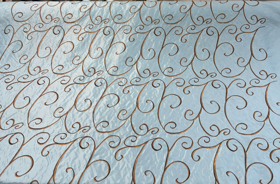 Swirls Chateau Blue Brown Embroidered Slub Faux Silk Fabric by the yard