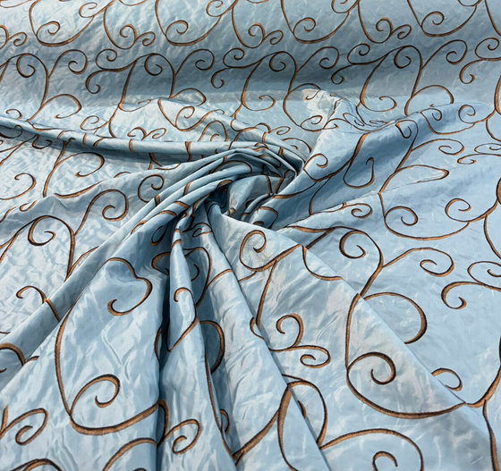 Swirls Chateau Blue Brown Embroidered Slub Faux Silk Fabric by the yard