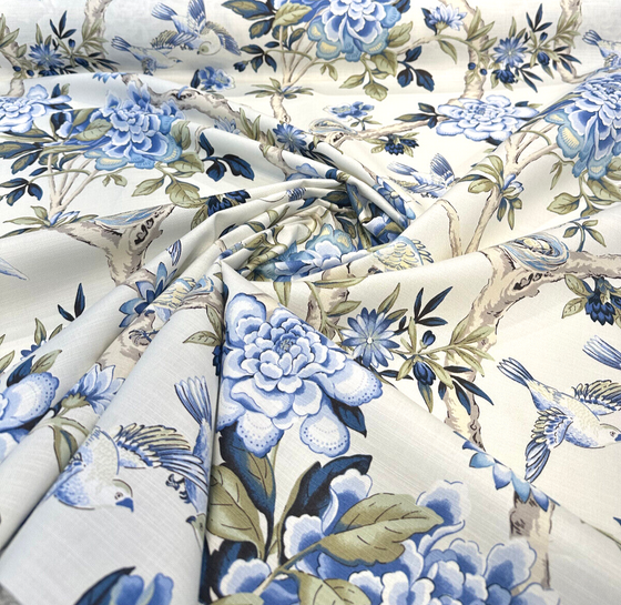 Waverly Mudan Porcelain Blue Floral Birds Drapery Upholstery Fabric By the Yard