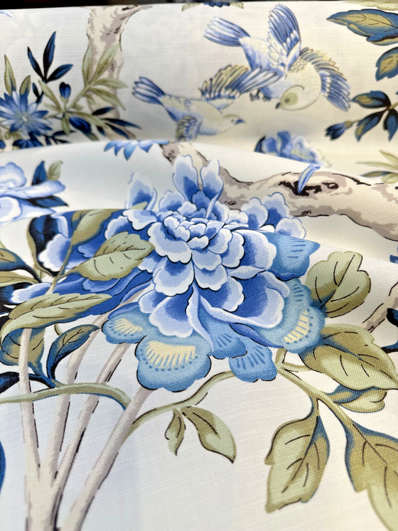 Waverly Mudan Porcelain Blue Floral Birds Drapery Upholstery Fabric By the Yard