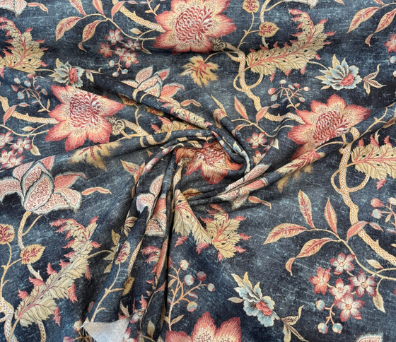 Waverly Zuma Smoke Blue Black Floral Linen Drapery Upholstery Fabric By the Yard