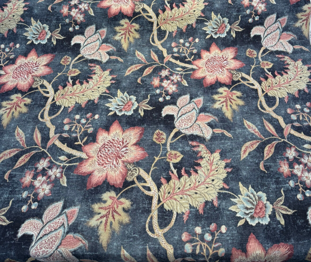 Waverly Zuma Smoke Blue Black Floral Linen Drapery Upholstery Fabric 