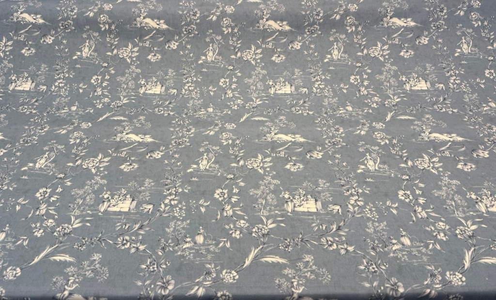 Blue Floral Toile Scenic Cotton Drapery Upholstery Fabric