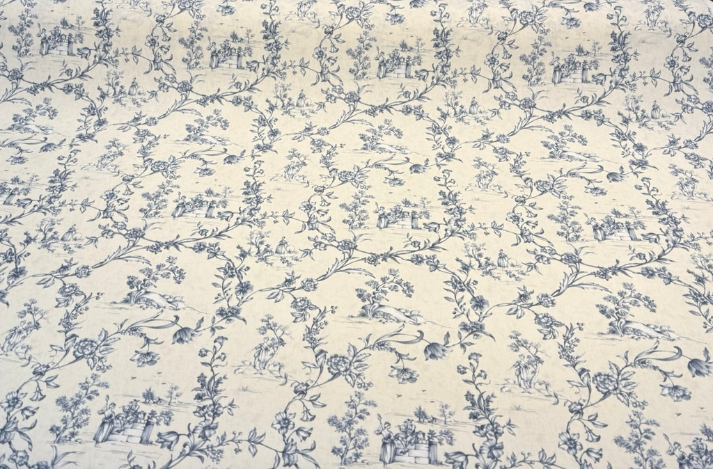 Floral Toile Scenic White Blue Cotton Drapery Upholstery Fabric