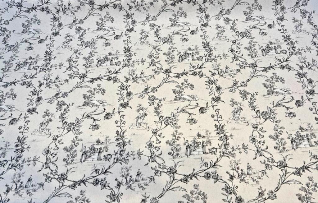 Black White Toile Floral Scenic Cotton Drapery Upholstery Fabric By The Yard