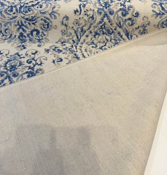 Lido Blue Damask Linen Blend Drapery Upholstery Fabric by the yard