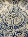 Lido Blue Damask Linen Blend Drapery Upholstery Fabric by the yard