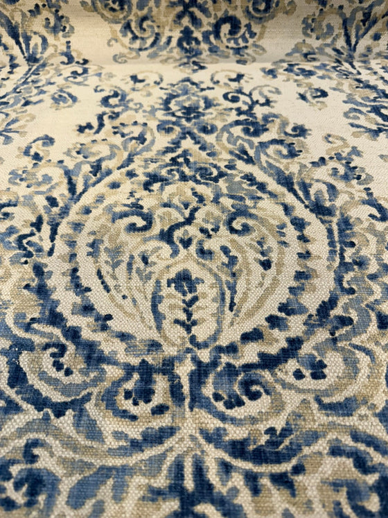 Lido Blue Damask Linen Blend Drapery Upholstery Fabric by the yard
