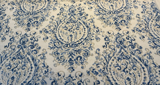 Lido Blue Damask Linen Blend Drapery Upholstery Fabric by the yard