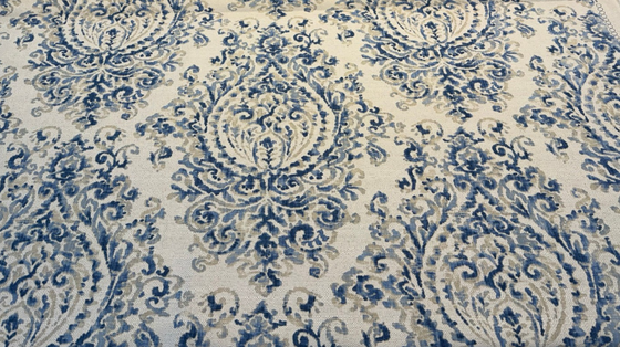 Lido Blue Damask Linen Blend Drapery Upholstery Fabric by the yard