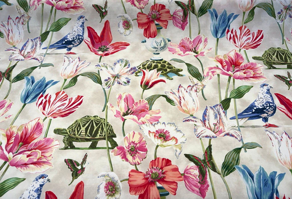 Enchanted Garden Primavera Blue PK Floral Bird Teflon Finish Fabric by the yard