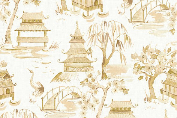 Kimiko Toile Straw Yellow Belle Maison Drapery Upholstery Fabric by the yard