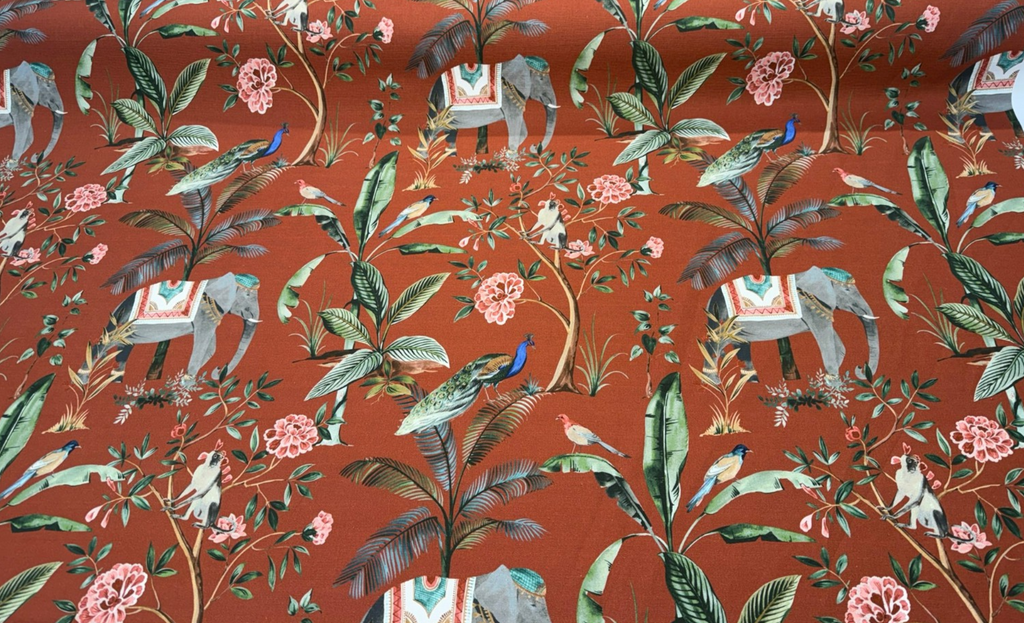 Laos Chili Red Tropical Elephant Monkey Peacock Upholstery Drapery Belle Maison Fabric By The Yard