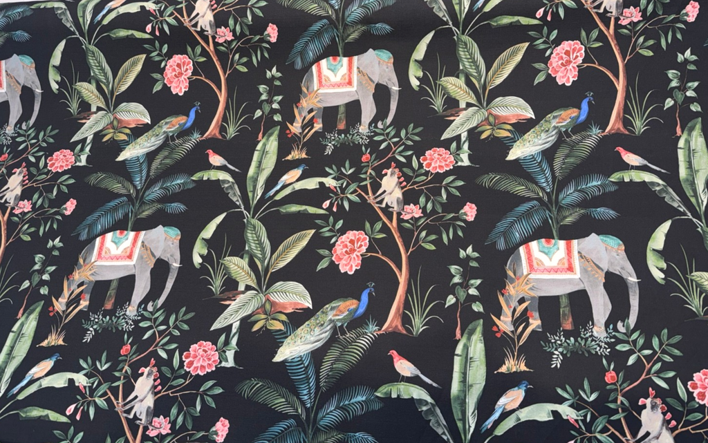 Laos Ebony Black Tropical Monkey Peacock Upholstery Drapery Belle Maison Fabric By The Yard