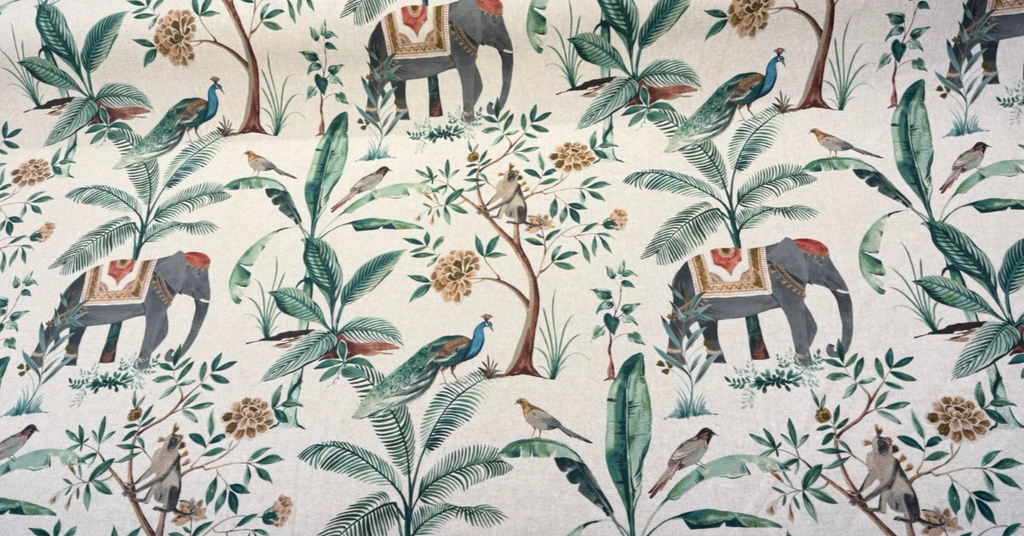 Laos Slate Linen Tropical Monkey Peacock Upholstery Drapery Belle Maison Fabric By The Yard