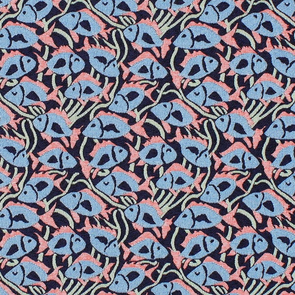 Retro Reef Fish Pink Blue Jacquard Drapery Upholstery Fabric 