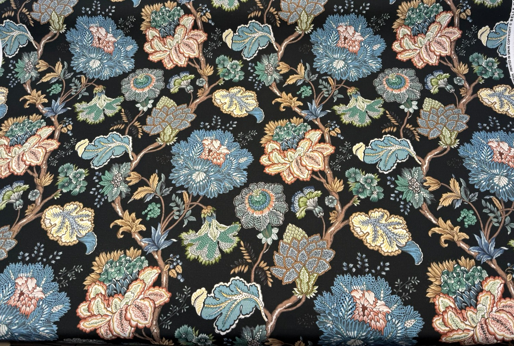 Adira Onyx Black Jacobean Floral Cotton Belle Maison Fabric