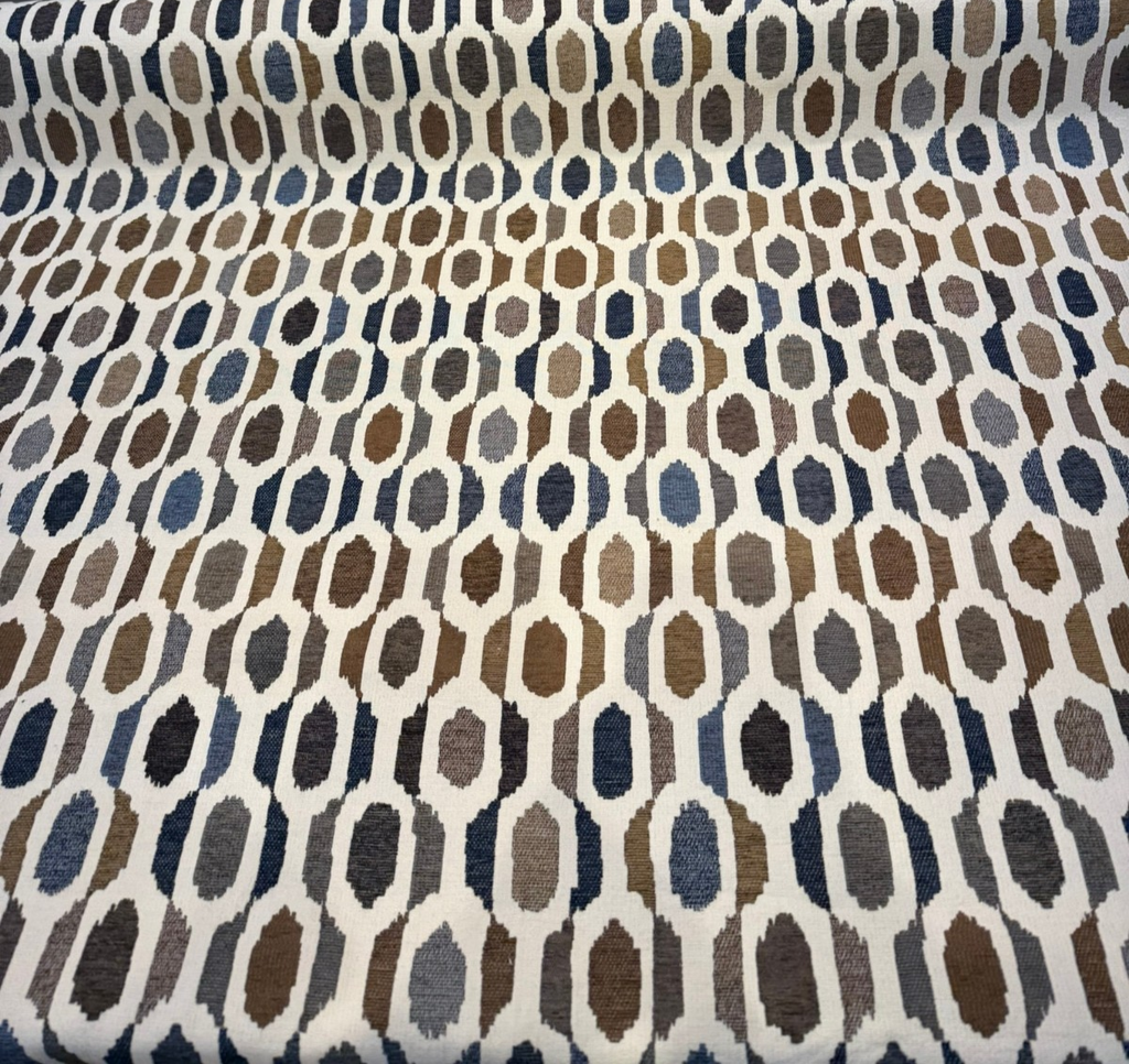 Riverstone Blue Brown Geometric Ikat Chenille Upholstery Fabric By The Yard