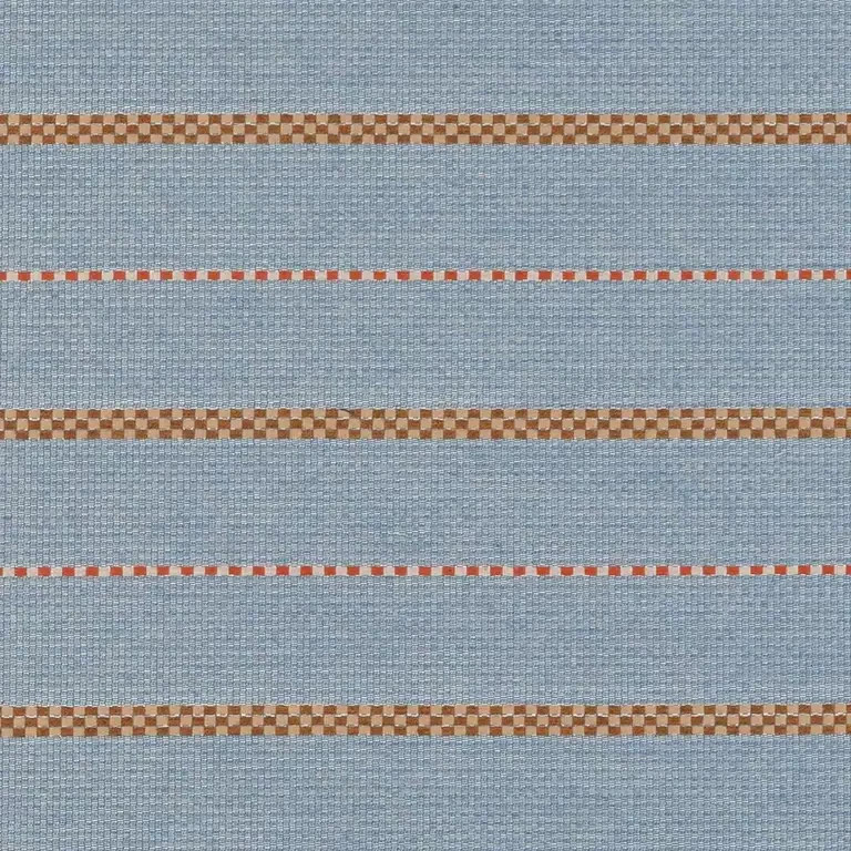 Sunbrella Linger Slate 146762-0002 upholstery fabric, slate blue stripe with caramel checkerboard bands and coral pinstripes