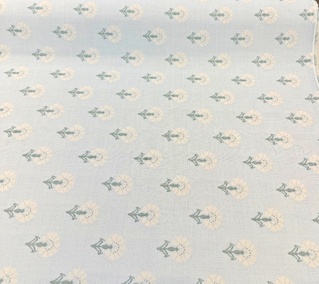 Sunbrella Mira Spring 146589-0008 outdoor fabric, cream dandelion ditsy on a spring blue ground