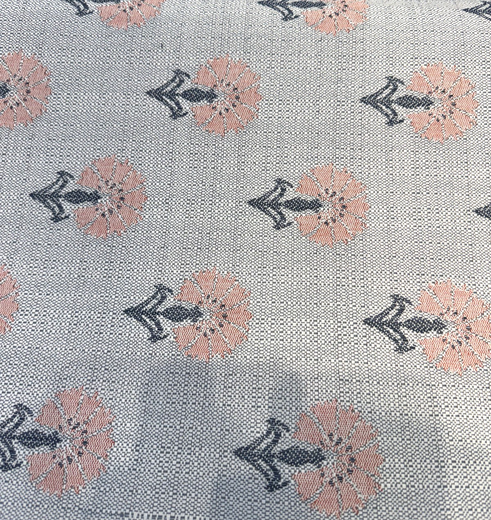 Sunbrella Mira Sapphire 146589-0020 outdoor fabric, peach-coral dandelion ditsy on heathered gray