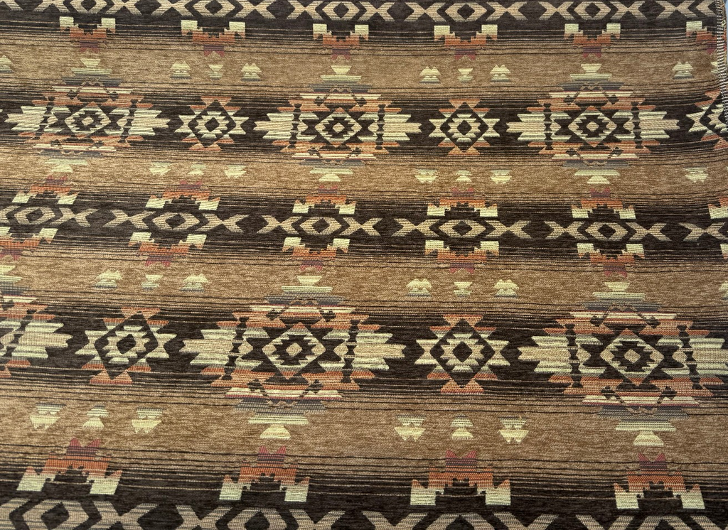 Desert southwestern tribal chenille upholstery fabric in rust brown and caramel