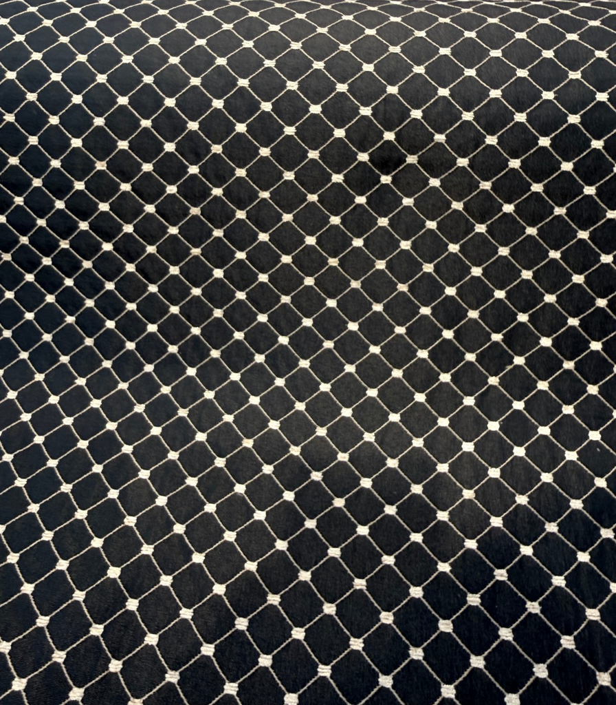 Heritage black and ivory diamond trellis backed upholstery fabric