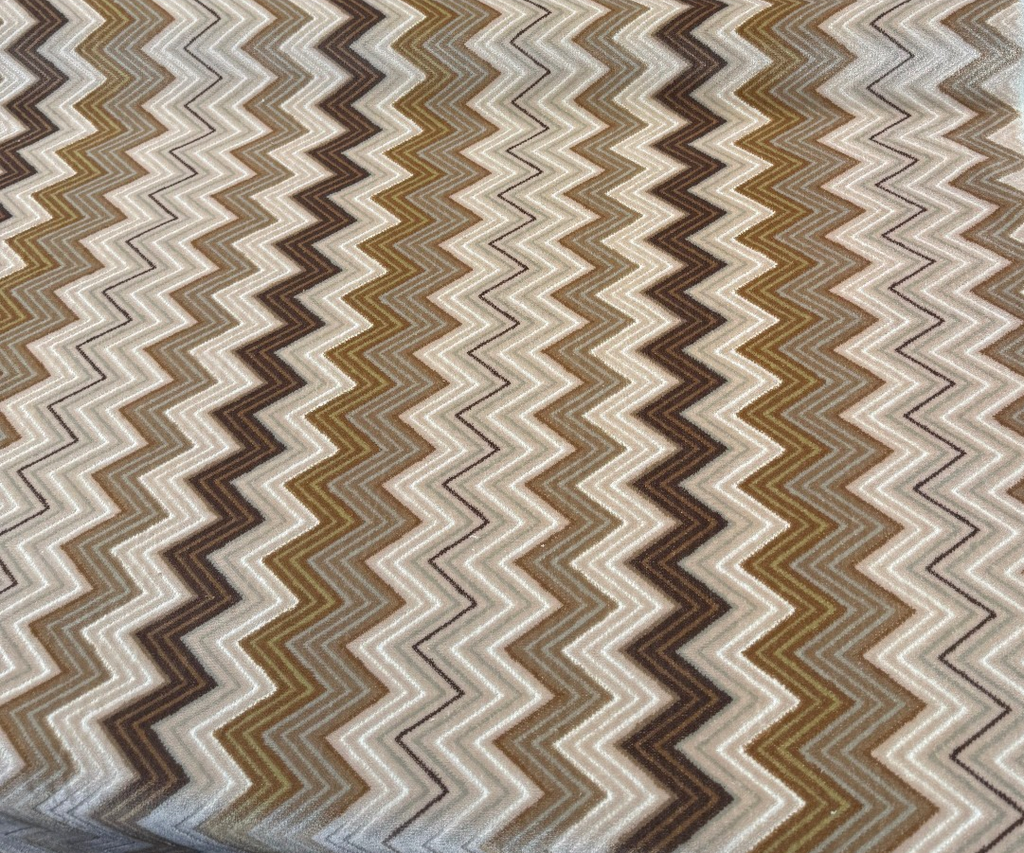 Opuzen Juno Natural zigzag chevron velvet upholstery fabric in chocolate brown, olive, taupe and cream