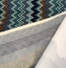 Opuzen Juno Riviera flame stitch velvet, close-up of the teal and mint zigzag bands