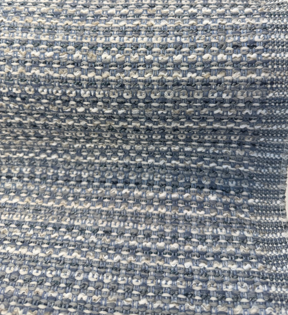 Revolution Tara Blue Mist textured chenille basketweave in denim blue with cream looped nubs