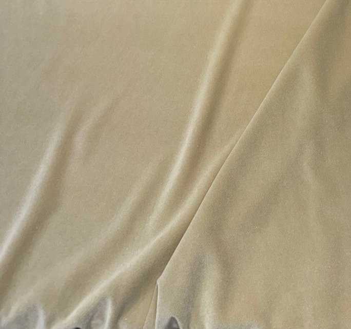 Crypton Sintra Hemp tan performance velvet on the roll with the selvage folded back