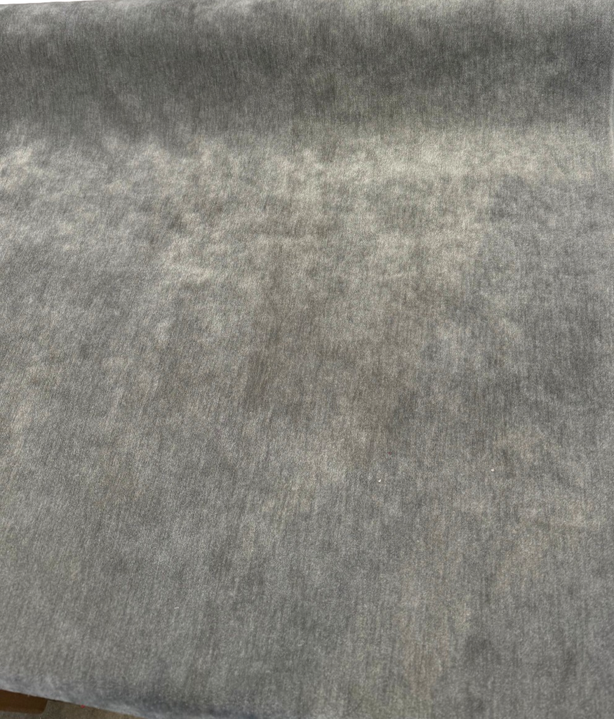 Fabricut mohair velvet in Mineral Gray Commander folded back to show the pile and backing