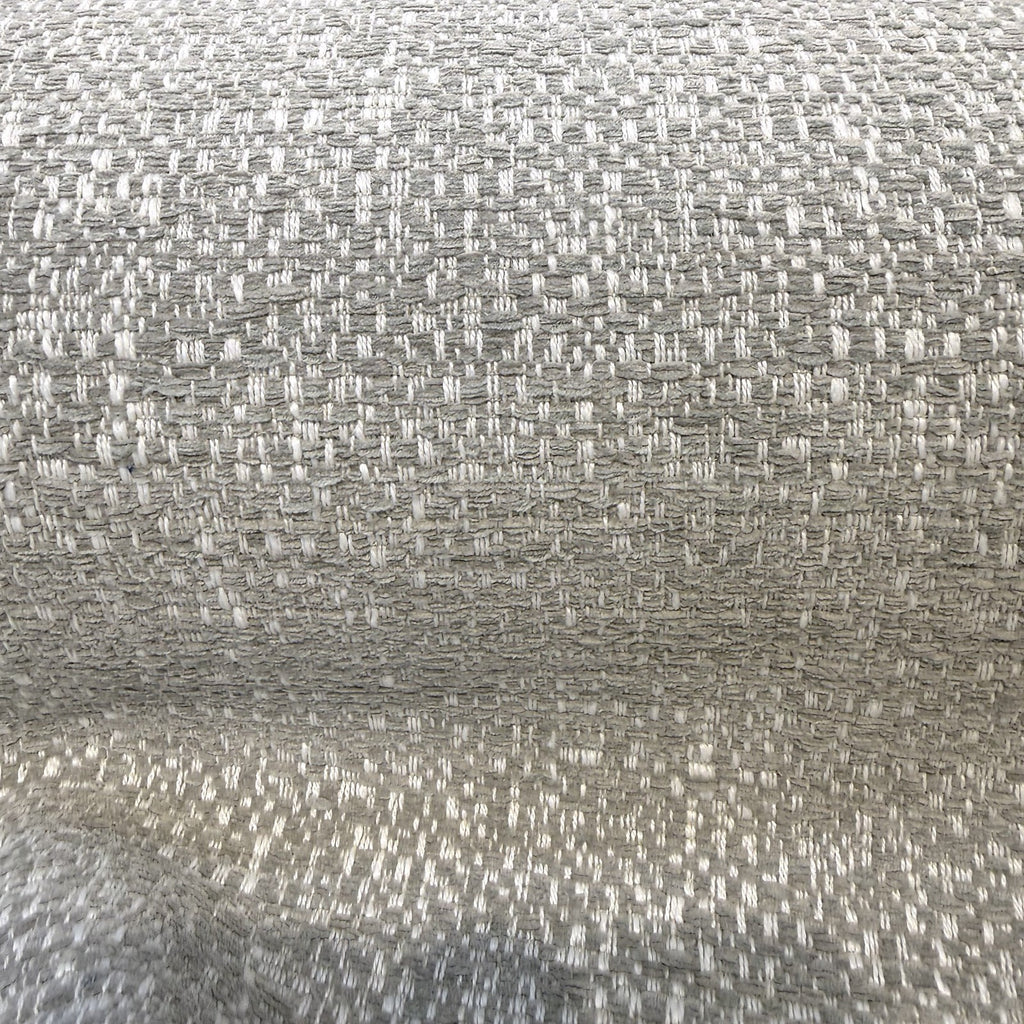 Close-up of the chunky taupe and ivory basketweave texture of Valdese Holiday Stone Taupe
