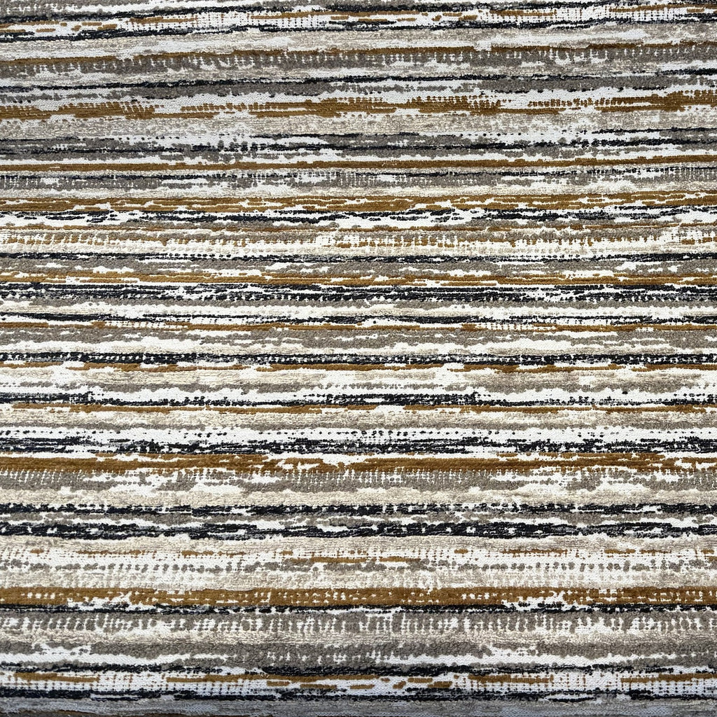 Swavelle Desert Stone Sienna striped chenille upholstery fabric laid flat on the roll
