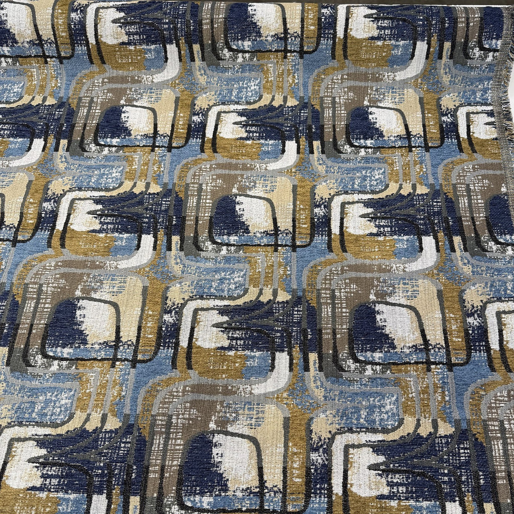 Bowie Blue Splash mid-century geometric chenille upholstery fabric laid flat