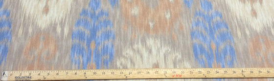 Home Accent Ikat Blue Tan Caf printed Cotton Drapery / upholstery Fabric
