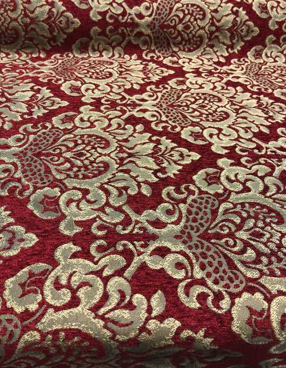 Chenille Upholstery Damask Ruby Red Gold Print Cleopatra  fabric | Affordable Home Fabrics