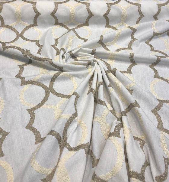 Sutton Shell On White Embroidered Faux Linen Fabric by the yard