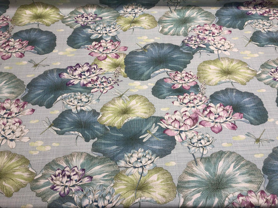 Estanque Blue Green Large Flowers Cotton Teflon finish Fabric by the yard