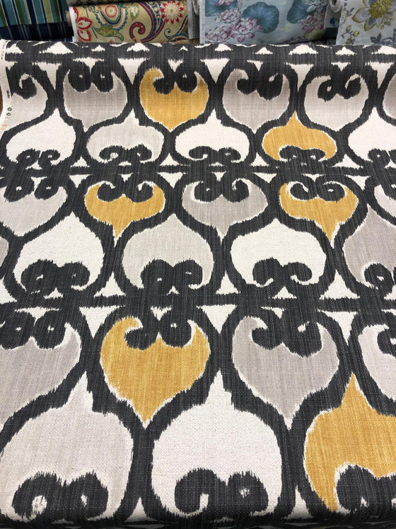 Rejas Geometric Yellow Gray Linen Upholstery Teflon finish Fabric by the yard