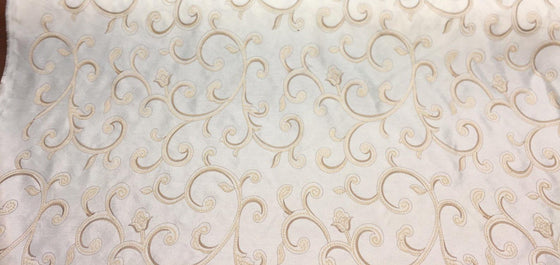 Cream Stiletto Scroll Modern embroidered scroll slub taffeta by the yard