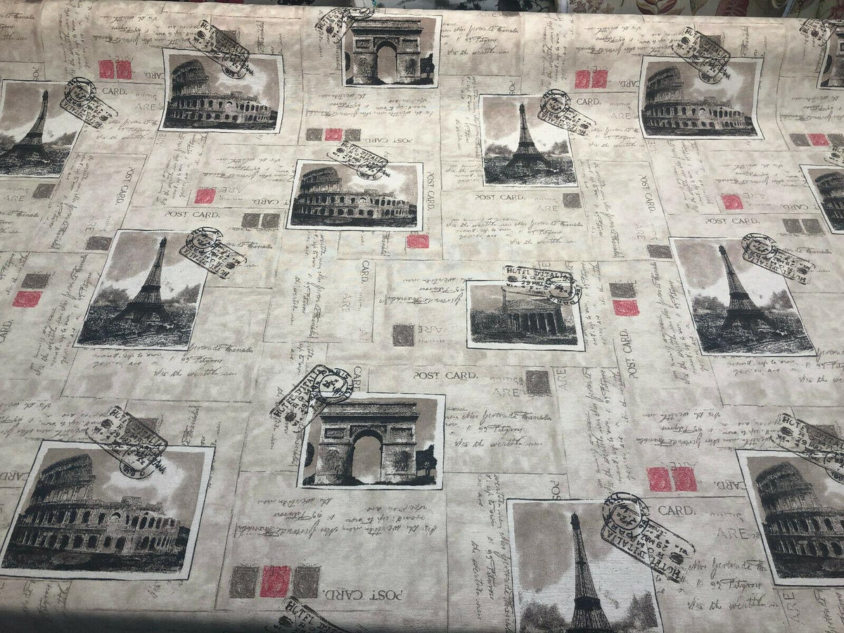Travel Postcard Paris Rome Novelty Print Fabric – Affordable Home Fabrics